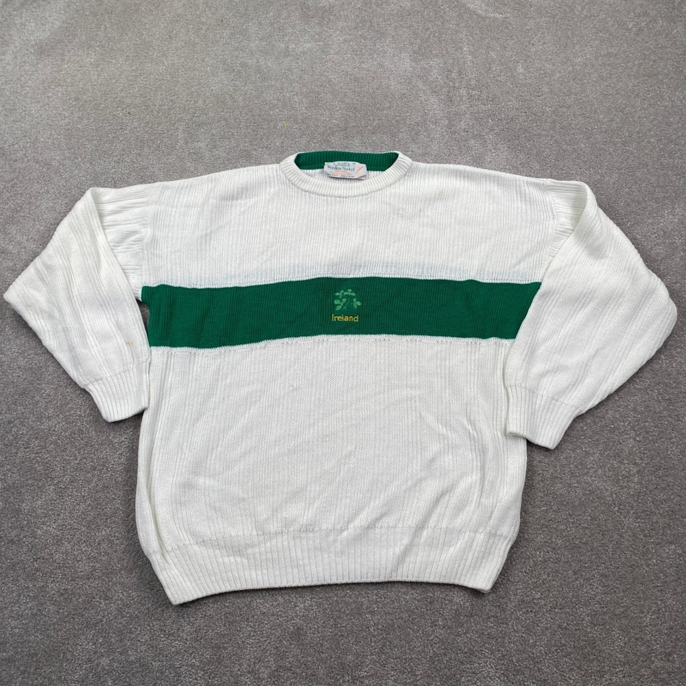 Quill's Woollen Market Sweater Mens XL White Green Ireland Shamrock Vintage